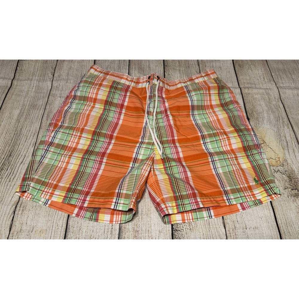 Polo Ralph Lauren Orange Green Plaid Swim Trunks Shorts w/Pockets Sz XXL TubT